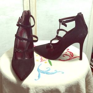 BCBG black kid suede triple t strap stilettos